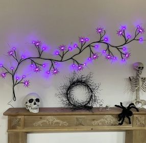 6 Ft 54 LED Halloween Willow Vine Twig 18 LED Pumpkins & Spiders (Color: Purple)